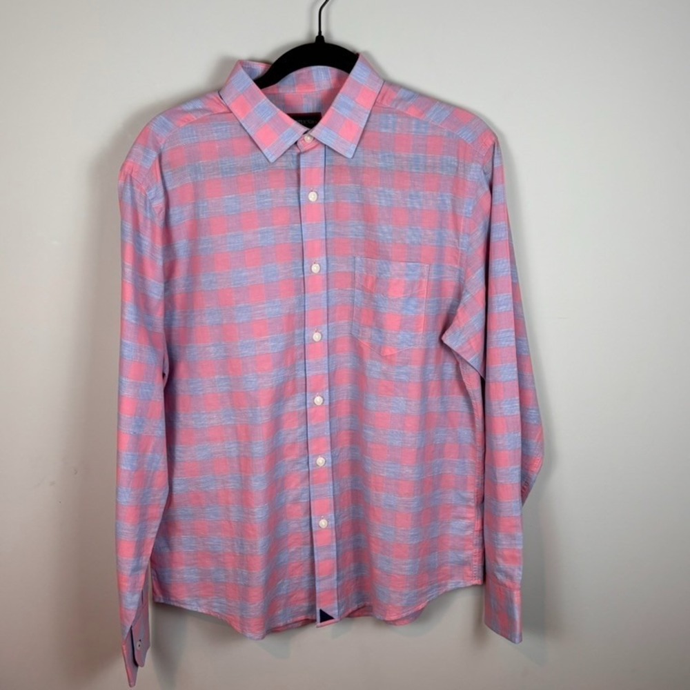 Untuckit Anderson Shirt Men Medium Regular Fit Pink Plaid Cotton Linen Blend